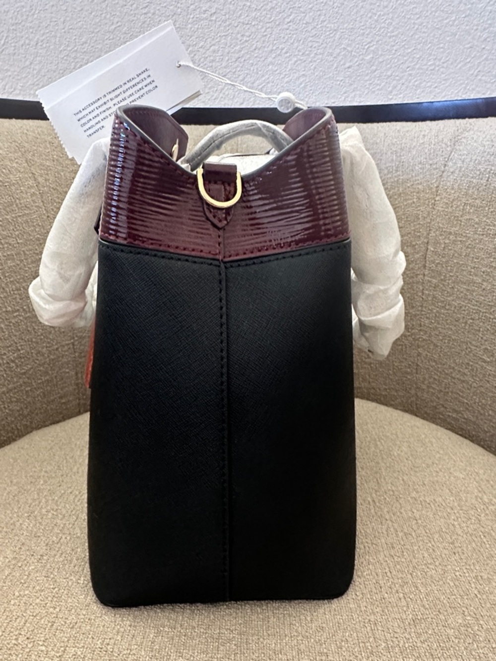 NWT Tory Burch Black and Burgundy Satchel with Tan Handles and Orange Charm - Picture 7 of 12